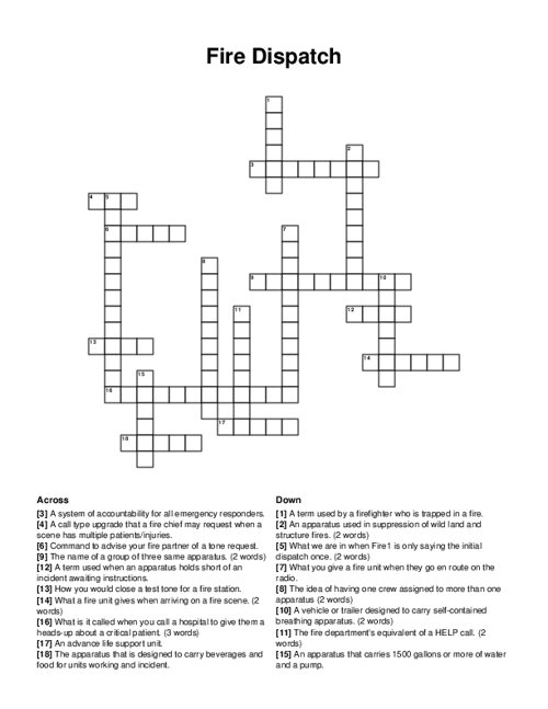 Fire Dispatch Crossword Puzzle