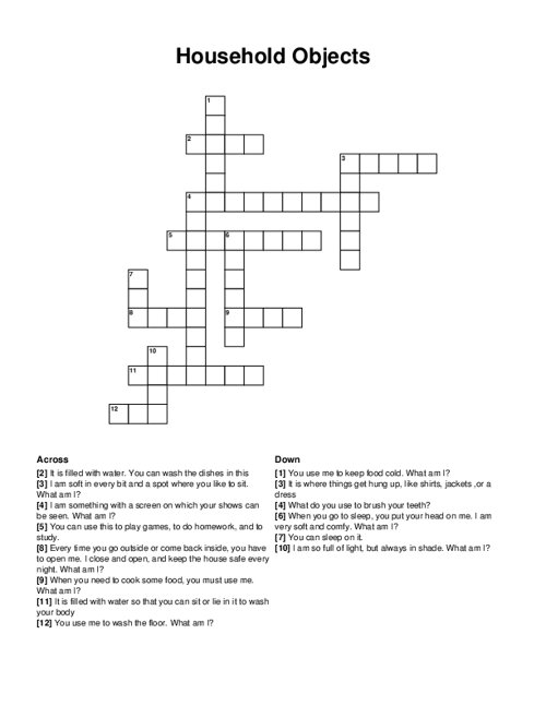 Household Objects Crossword Puzzle