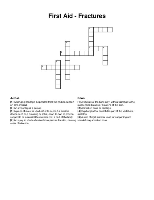 First Aid - Fractures Crossword Puzzle