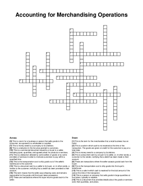 Accounting for Merchandising Operations Crossword Puzzle