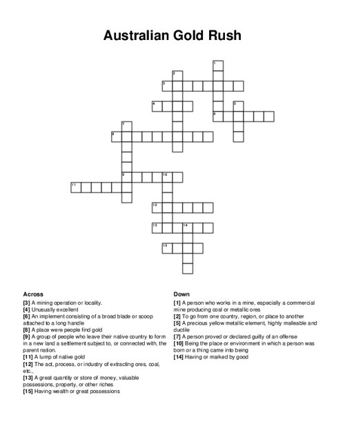 Australian Gold Rush Crossword Puzzle