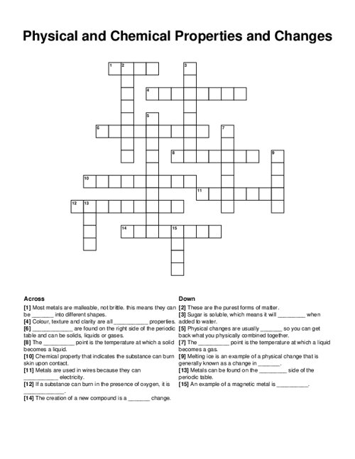 Physical and Chemical Properties and Changes Crossword Puzzle