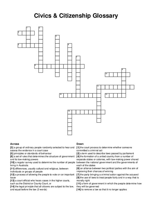Civics & Citizenship Glossary Crossword Puzzle