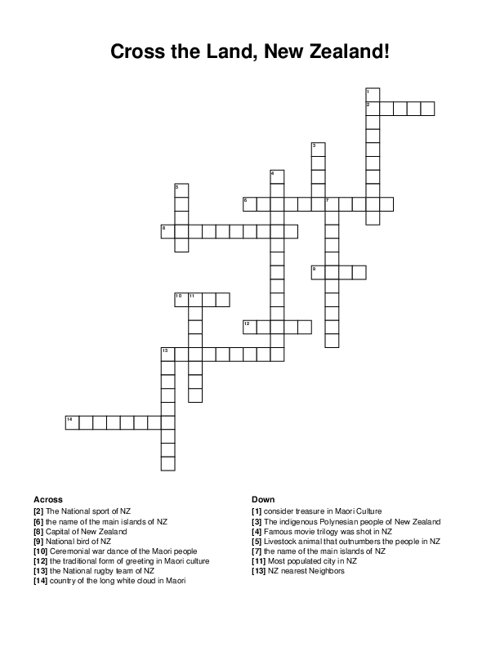 Cross the Land, New Zealand! Crossword Puzzle