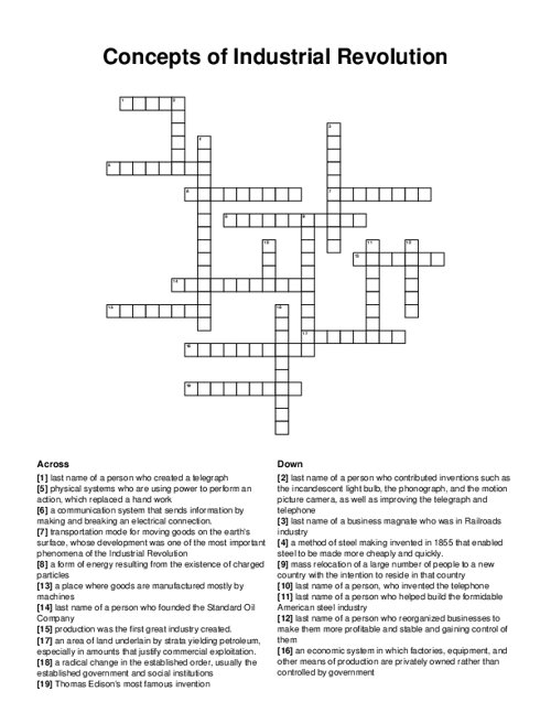 Concepts of Industrial Revolution Crossword Puzzle