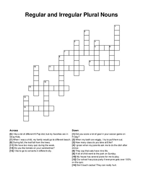 Regular and Irregular Plural Nouns Crossword Puzzle