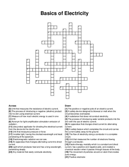 Basics of Electricity Crossword Puzzle