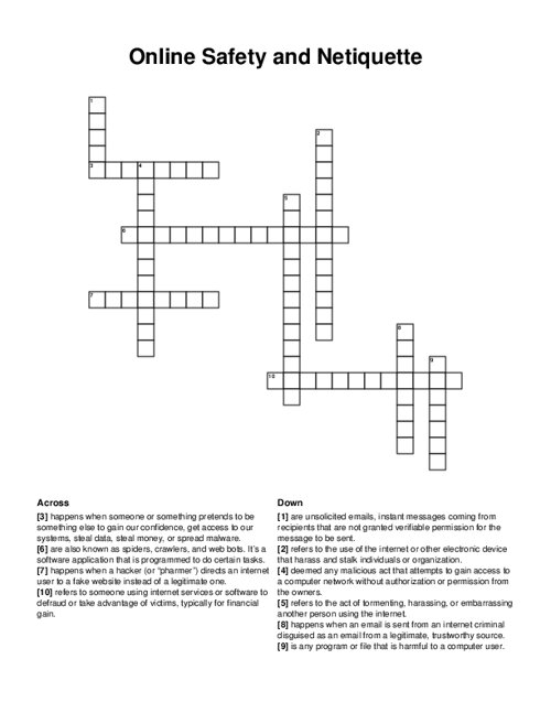 Online Safety and Netiquette Crossword Puzzle
