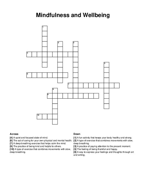 Mindfulness and Wellbeing Crossword Puzzle
