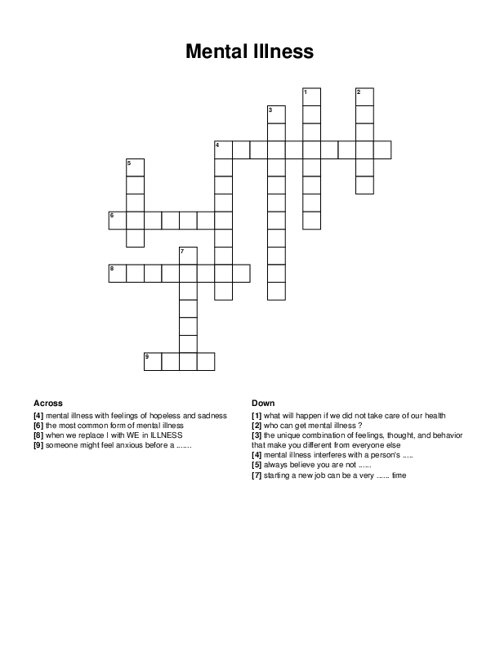 Mental Illness Crossword Puzzle