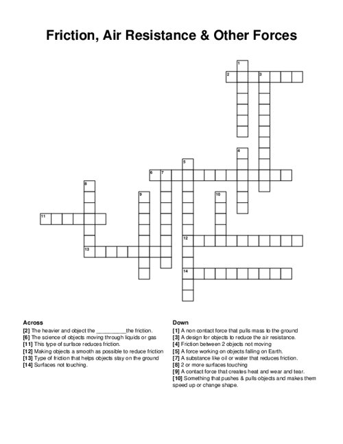 Friction Air Resistance Other Forces Crossword Puzzle