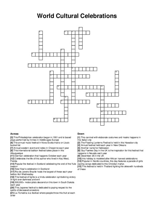 World Cultural Celebrations Crossword Puzzle
