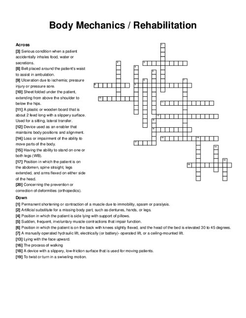 Body Mechanics / Rehabilitation Crossword Puzzle