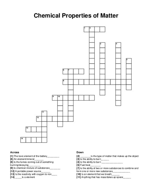 Chemical Properties of Matter Crossword Puzzle