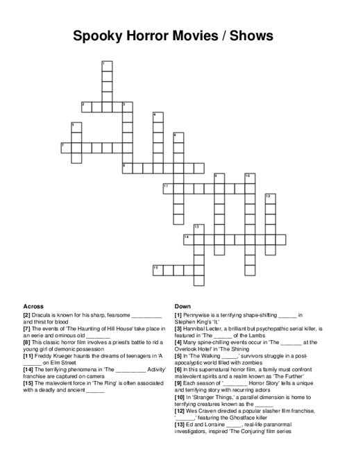 Spooky Horror Movies Shows Crossword Puzzle
