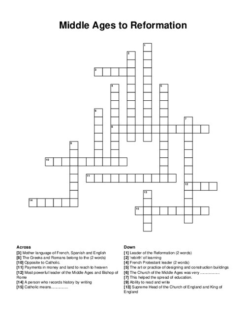 Middle Ages to Reformation Crossword Puzzle