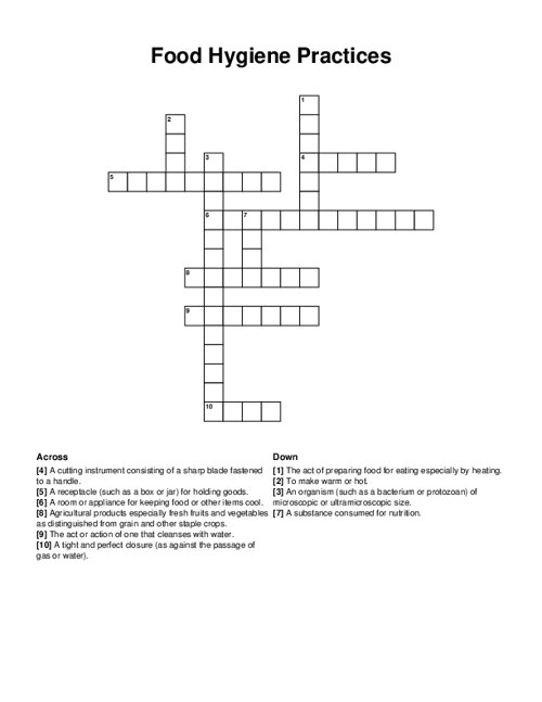 Food Hygiene Practices Crossword Puzzle