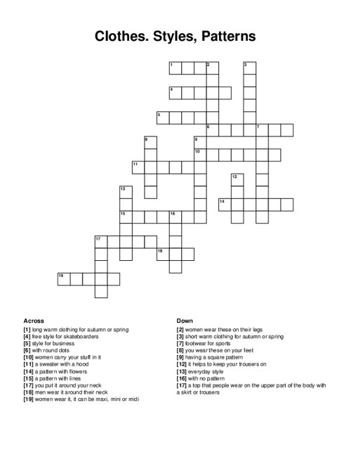 Clothes Styles Patterns Crossword Puzzle