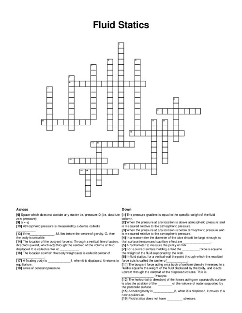 Fluid Statics Crossword Puzzle