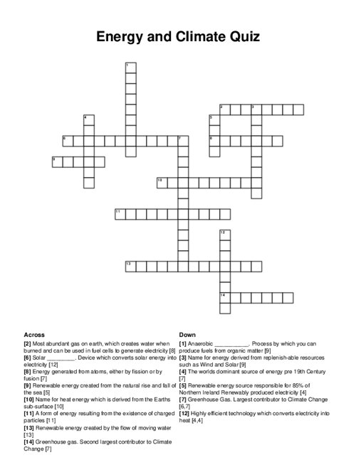 Energy and Climate Quiz Crossword Puzzle