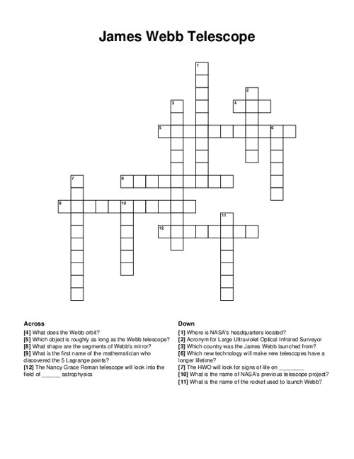 James Webb Telescope Crossword Puzzle