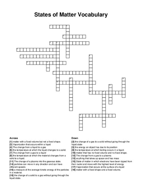 States of Matter Vocabulary Crossword Puzzle