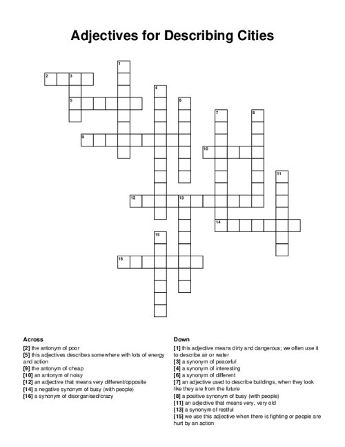 Adjectives for Describing Cities Crossword Puzzle