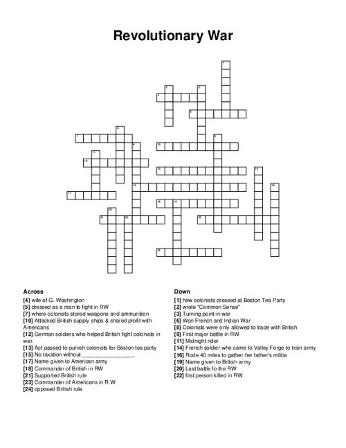 Revolutionary War Crossword Puzzle
