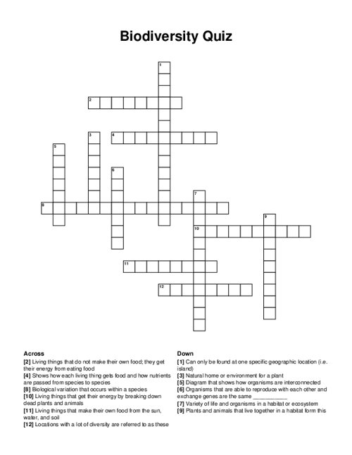 Biodiversity Quiz Crossword Puzzle