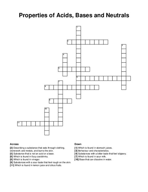 Properties of Acids, Bases and Neutrals Crossword Puzzle
