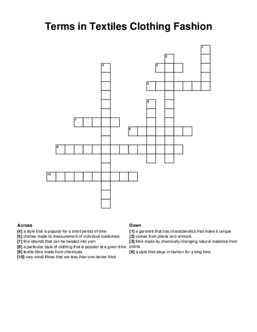 Terms in Textiles Clothing Fashion Crossword Puzzle