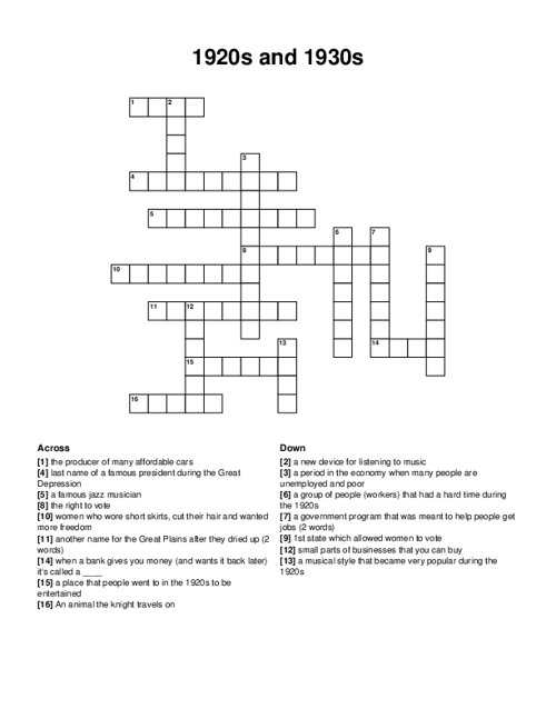 1920s and 1930s Crossword Puzzle