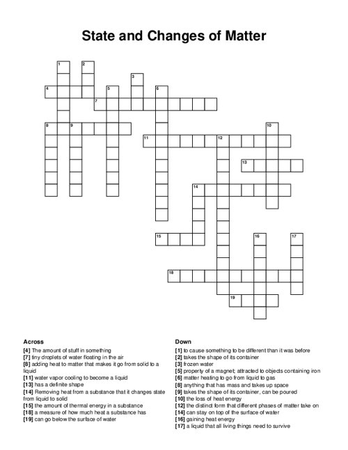 State and Changes of Matter Crossword Puzzle