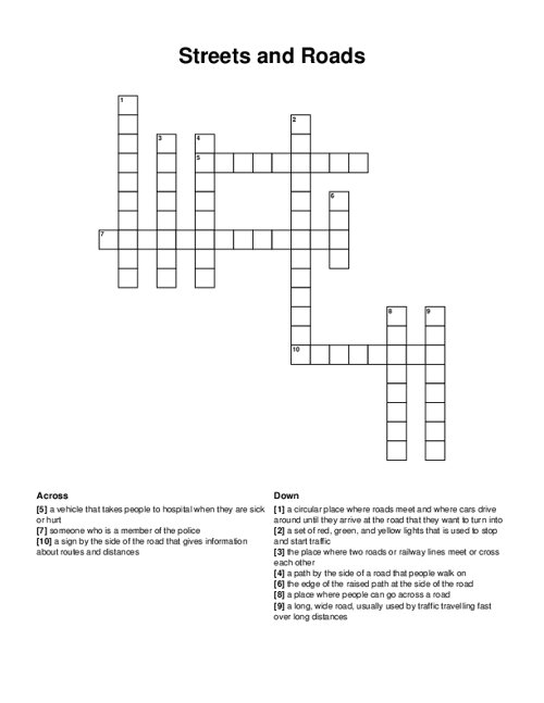 Streets and Roads Crossword Puzzle