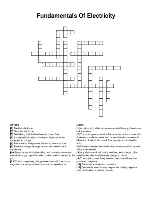 Fundamentals Of Electricity Crossword Puzzle