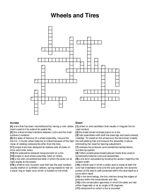 Wheels and Tires Crossword Puzzle
