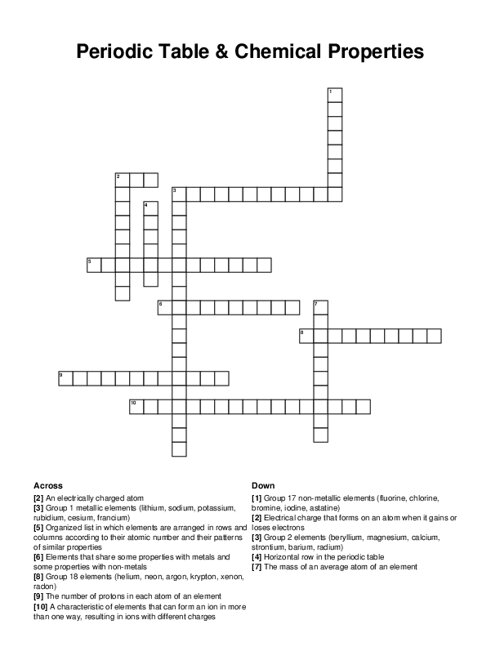 Periodic Table & Chemical Properties Crossword Puzzle