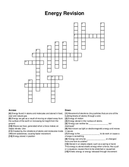 Energy Revision Crossword Puzzle