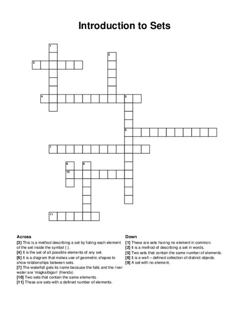 Introduction to Sets Crossword Puzzle