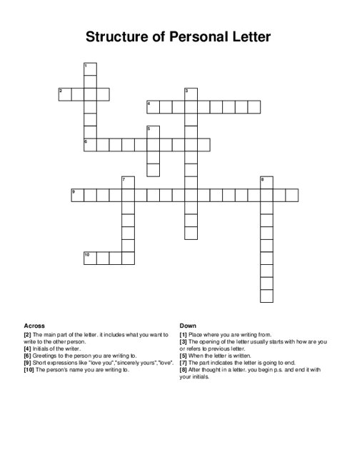 Structure of Personal Letter Crossword Puzzle