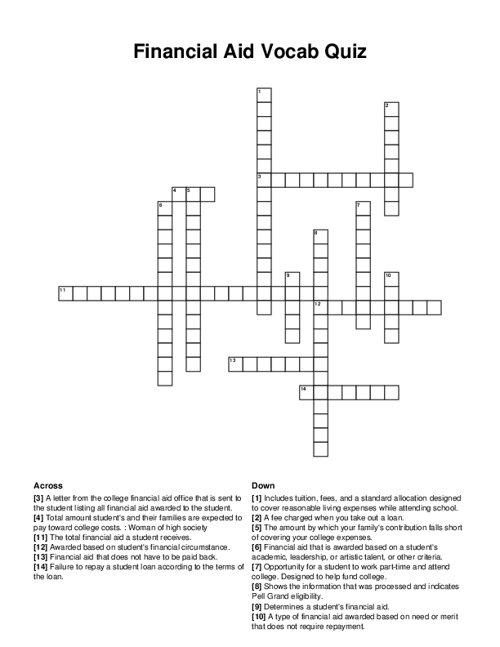Financial Aid Vocab Quiz Crossword Puzzle