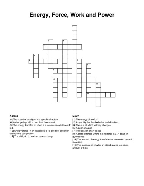 Energy, Force, Work and Power Crossword Puzzle