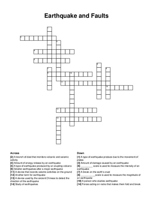 Earthquake and Faults Crossword Puzzle