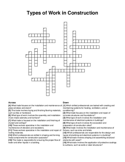 Types of Work in Construction Crossword Puzzle