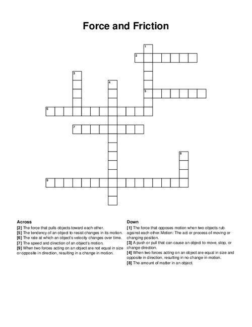 Force and Friction Crossword Puzzle