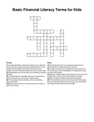 Basic Financial Literacy Terms for Kids crossword puzzle