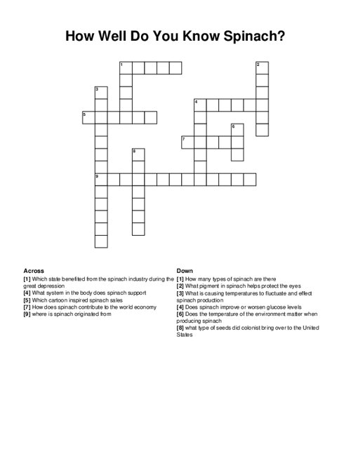 How Well Do You Know Spinach? Crossword Puzzle