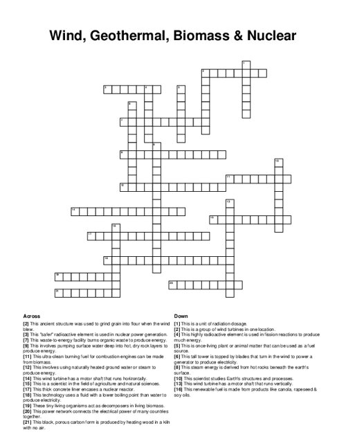 Wind, Geothermal, Biomass & Nuclear Crossword Puzzle