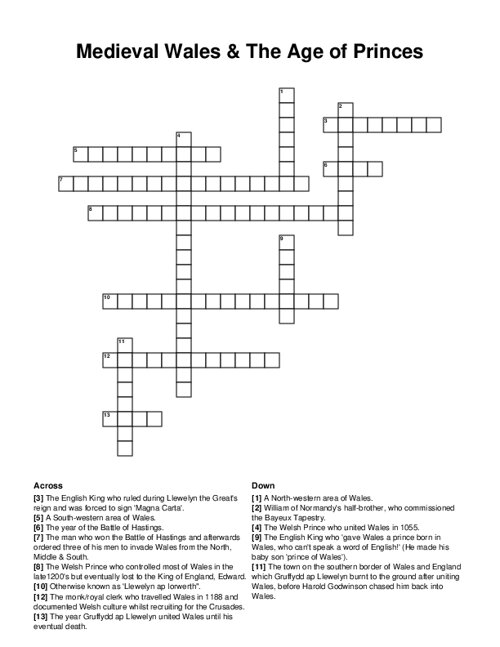 Medieval Wales & The Age of Princes Crossword Puzzle
