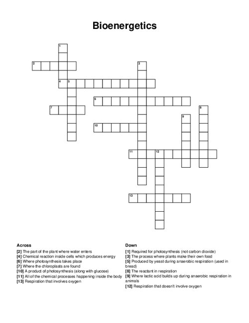 Bioenergetics Crossword Puzzle